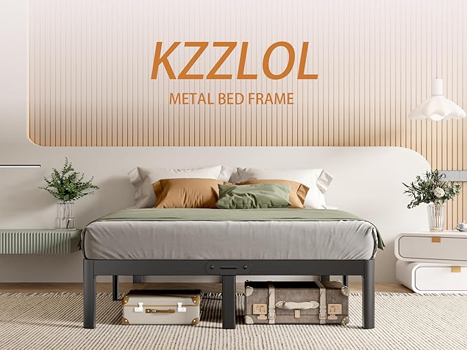 Black Bed Frame Queen Size 14 Inch, Metal Queen Bed Frame No Box Spring Needed, DIY Headboard Holes, Heavy Duty Steel Support 3500 LBS, Noiseless, Round Corner Leg, Storage Space, Easy Assembly