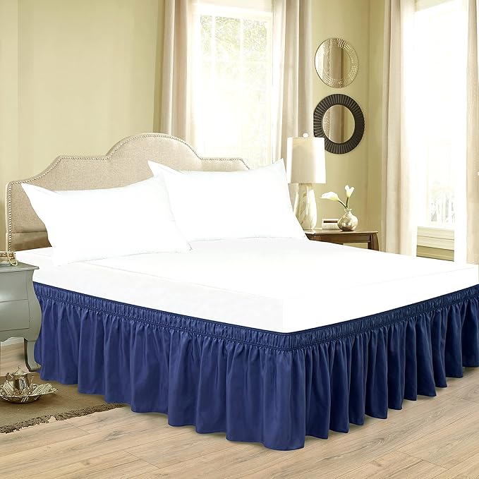 Biscaynebay Wrap Around Bed Skirts for King & Cal King Beds 22" Long Drop, Navy Adjustable Elastic Dust Ruffles Easy Fit Wrinkle Resistant Silky Luxurious Fabric Machine Washable