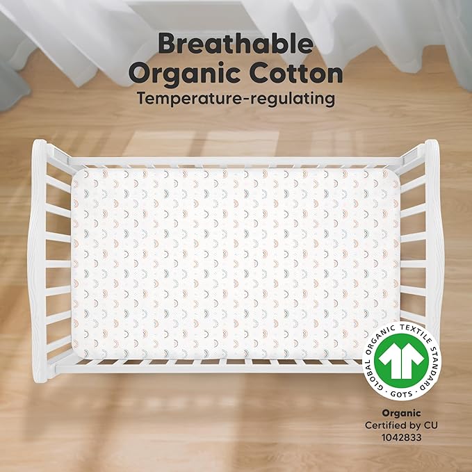 KeaBabies 2-Pack Organic Crib Sheets for Boys, Girls - 52x28 Fitted Crib Mattress Sheet Neutral, Breathable Jersey Cotton Cover for Baby Bed, Toddler Mattress, Soft & Cute Prints (Jolly Rainbow)