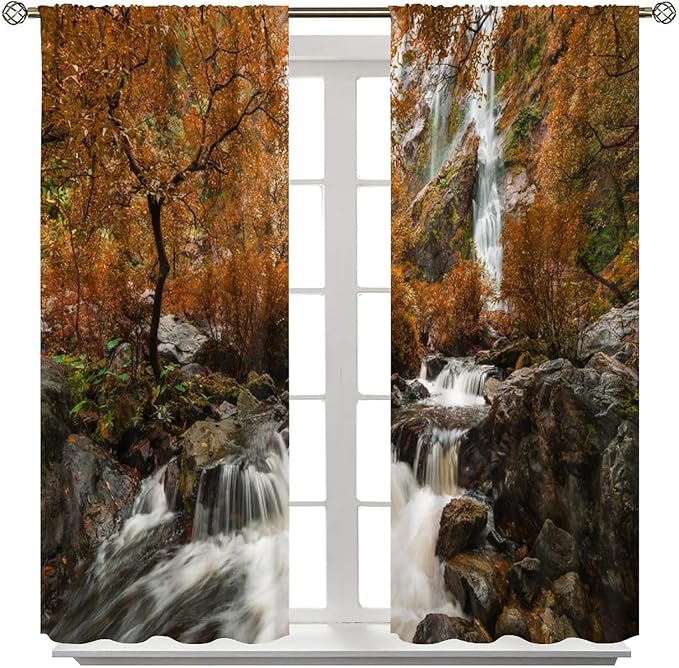 Forest Waterfall Blackout Curtains, Autumn Jungle Mountains Fall Nature Landscape Window Drapes, for Bedroom Living Room 42" W X 45" L