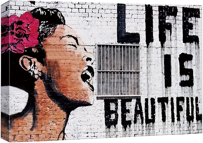 SIGNWIN Framed Canvas Wall Art Banksy Life is Beautiful Billie Holiday Graffiti & Street Art Famous People Pop Art Modern Urban Multicolor for Living Room, Bedroom, Office - 16x24 inches