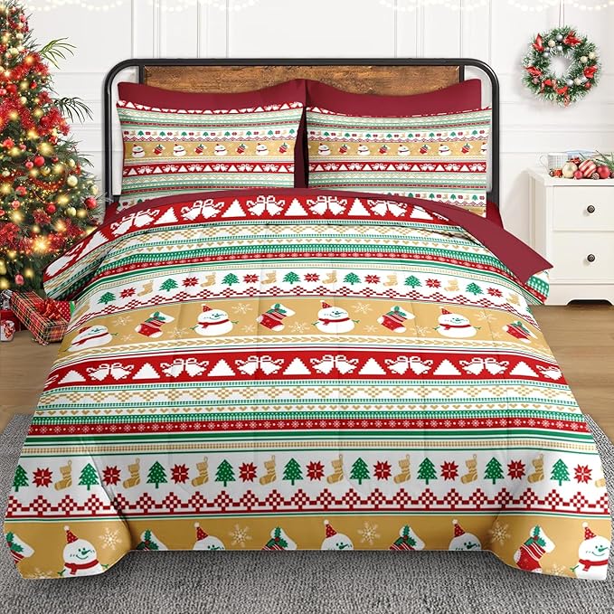 7 Pcs King Size Christmas Comforter Set with 2 Pillowcases & 2 Shams, Cute Snowman Bedding for Kids and Adults, Snowflake Xmas Socks Bed in a Bag with Flat Fitted Sheet
