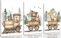 3Pcs Framed Woodland Animal Nursery Canvas Wall art Forest Wildlife Train Adventure Drawing Picture Wall Decor Fox Bear Deer Rabbit Owl Poster Printings for Boys Girls Room Home Decoration