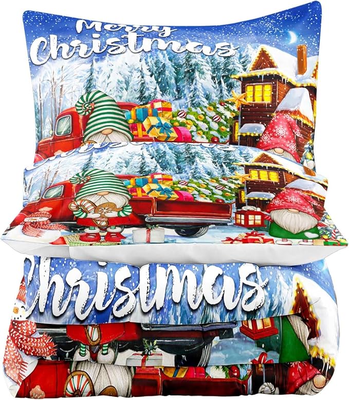 LUVIVIHOME 3PCS Merry Christmas Comforter Set King Size, Teens Boys Girls Kids Bedding, Cute Snowman Gnome Red Truck Winter Snowflake Happy New Year Christmas Bedroom Decor, Xmas Gifts, 2 Pillow Shams