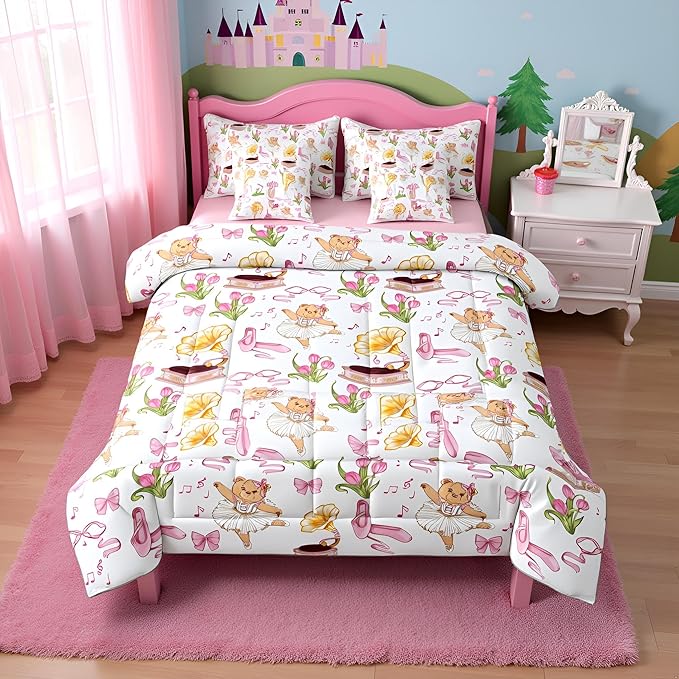 Pink Bowknot Princess Comforter Full Size,Ballet Shoes Bear Dancer Cartoon 7 Pcs Bedding Set,Tulip Flower Music Note Record Decor,Bow Tie Romantic （Fitted+Sheet+2 Pillowcases+2 Throw Pillow Covers）
