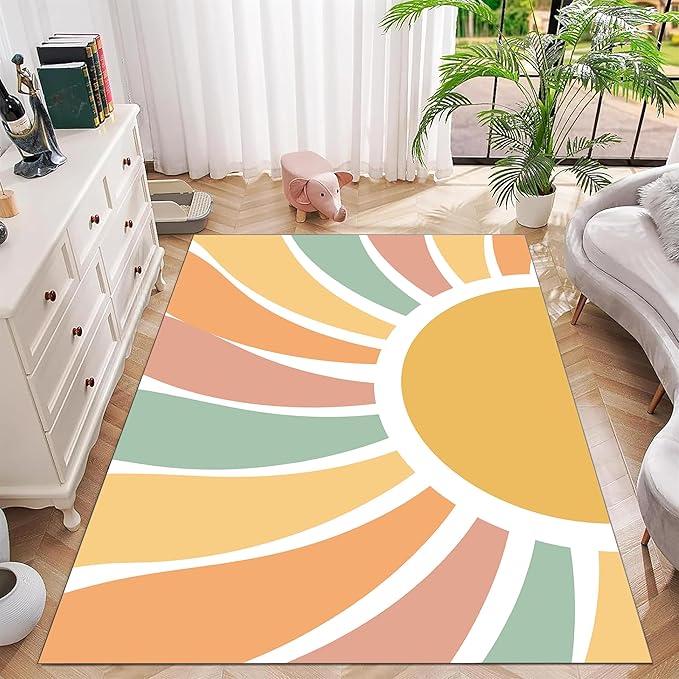 Machine Washable Rainbow Rugs Bedroom Fluffy Plush Soft Area Rugs Rainbow Sunshine Sun Print Living Room Non-Slip Indoor Flooring Kids Girls Boys Home Decor Aesthetics 2x4ft