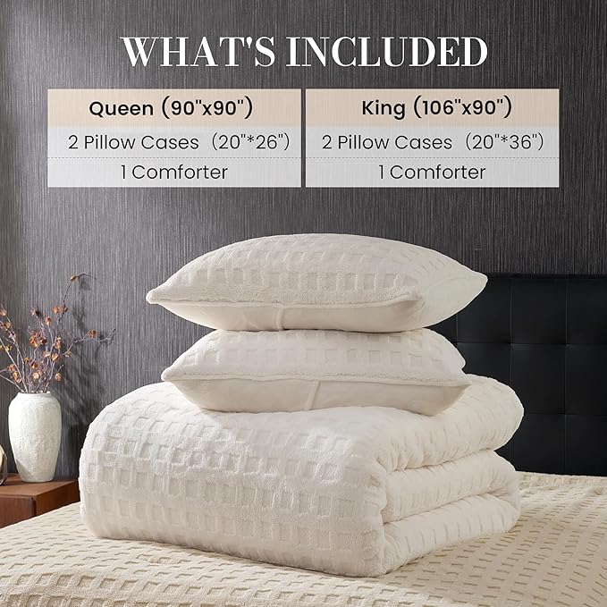 Amélie Home Waffle Comforter King Set, Jacquard Design Fleece Bed Set, Super Soft Plush Bedding Set for Winter, Beige, 3 Pieces, 1 Cozy Comforter and 2 Pillowcases