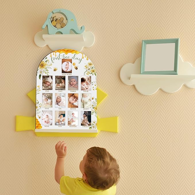 First Bee Day My First Year Photo Board, Bee Baby Milestone Signs for Boys Girls Nursery Decor, 12 Month Wooden Picture Board for 2x3 Photos, Best Babies Keepsake Gifts-A18