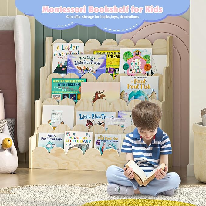 4 Tier Scalloped Kids Bookshelf Natural Wood Toddler Book Rack Nursery Bookcase Playroom Coloring Book Magazine Display Storage Shelf Organizer Classroom Library Homeschooling (Natural Wood)
