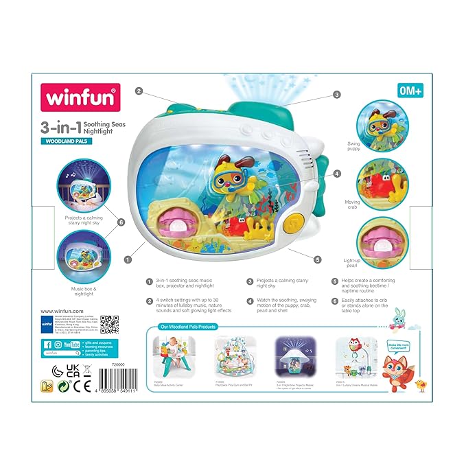winfun 3-in-1 Soothing Seas Nightlight with Music Box Projector, and Soft Glowing Light - Calming Lullabies and Under-The-Sea Theme for Babies Attachable to Crib or Tabletop, Unisex Baby Gift