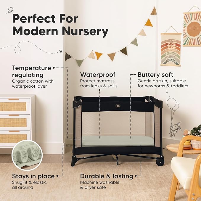2-Pack Pack and Play Sheets, Waterproof Mini Crib Sheets Fitted - Organic Cotton Pack N Play Sheets for Graco Pack and Play Mattress, Playard Baby Crib Sheets, Neutral for Boy,Girl, Toddler (Lichen)