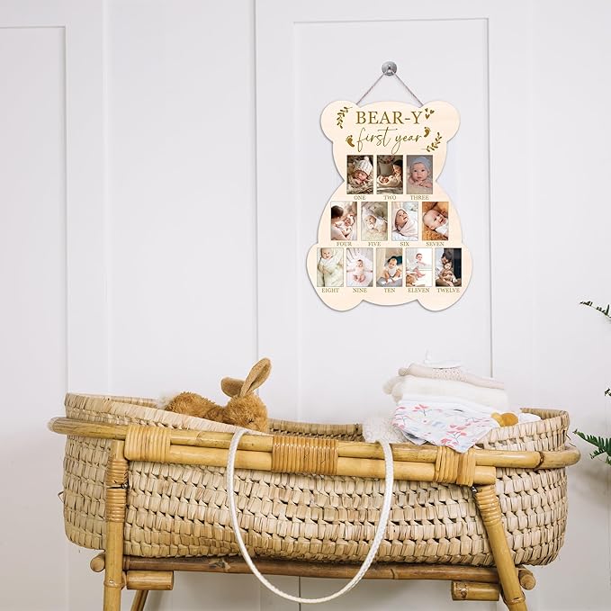 Bear My First Year Photo Board, Bear-Y Baby Milestone Signs for Boys Girls Nursery Decor, 12 Month Pictures for Baby First Year, Picture Board for 2x3 Photos, Best Babies Keepsake Gifts-A27