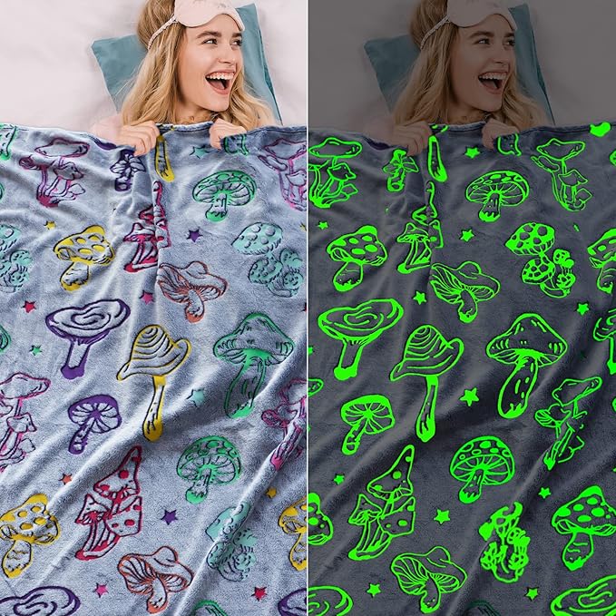 Glow in The Dark Blanket Mushroom Blanket for Kids Adults Soft Flannel Throw Blankets Colorful Luminous Mushroom Blankets for Sofa Couch Living Room Bed Birthday Gifts 40"x50"