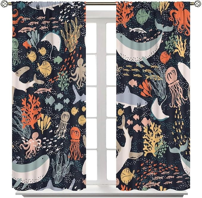 Sea Animals Curtain Cartoon Fish，Undersea Cute Whales Dolphin Underwater Wild Life Blue Ocean Boys Girls Waterproof Polyester Fabric Bedroom Decoration Set 2 Panels,55x63 Inches