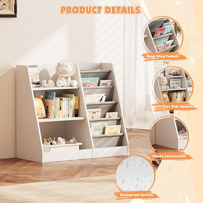 NACHES 3 Tier Kid Bookshelf Wooden 4 Sling Children Bookcase Toddler Adjustable Book Rack Display Toy Storage Organizer Book Display Shelf Classroom Bedroom Nursery Playroom,25inch (White, Small)