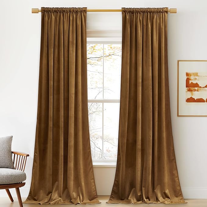 StangH Gold Brown Velvet Blackout Curtains 132 inches High Ceiling Tall Winter Curtains Back Tab Thermal Insulated Door Drapes for Living Dining Room Office, W52 x L132, 2 Panels