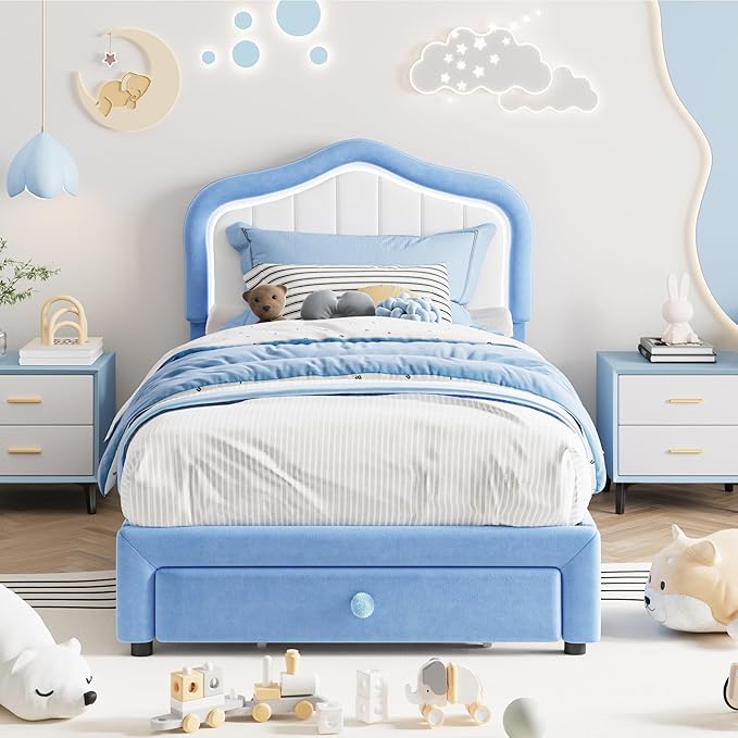 GarveeHome Twin Upholstered Bed Frame with Storage Drawer and Smart Led Headboard, Twin Size Platform Bed Frames for Kids, Wooden Slats Support, No Box Spring Needed, Easy Assembly, Blue