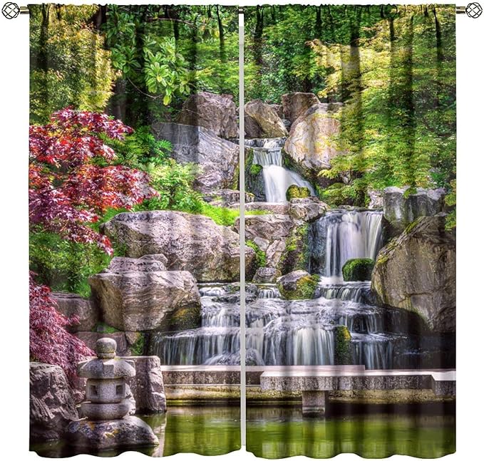 View Waterfall Blackout Curtains, Forest Waterfall Retro Style Natural Scenery Garden Art Landscape Rod Pocket Window Drapes, for Living Room Bedroom 42" W X 45" L