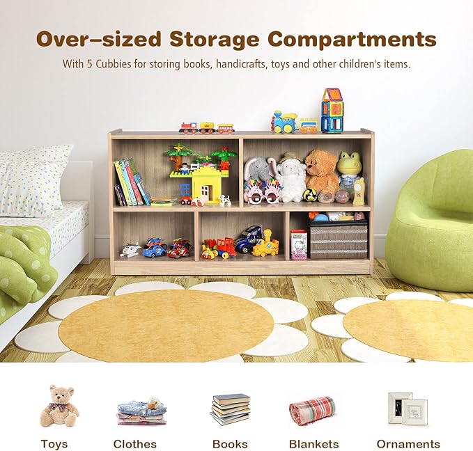 Costzon 2-Shelf Bookcase for Kids, Wooden Toy Storage Organizer for Books Toys, 5-Section Freestanding Classroom Daycare Montessori Bookshelf for Preschool, Home Playroom & Kindergarten (Natural)