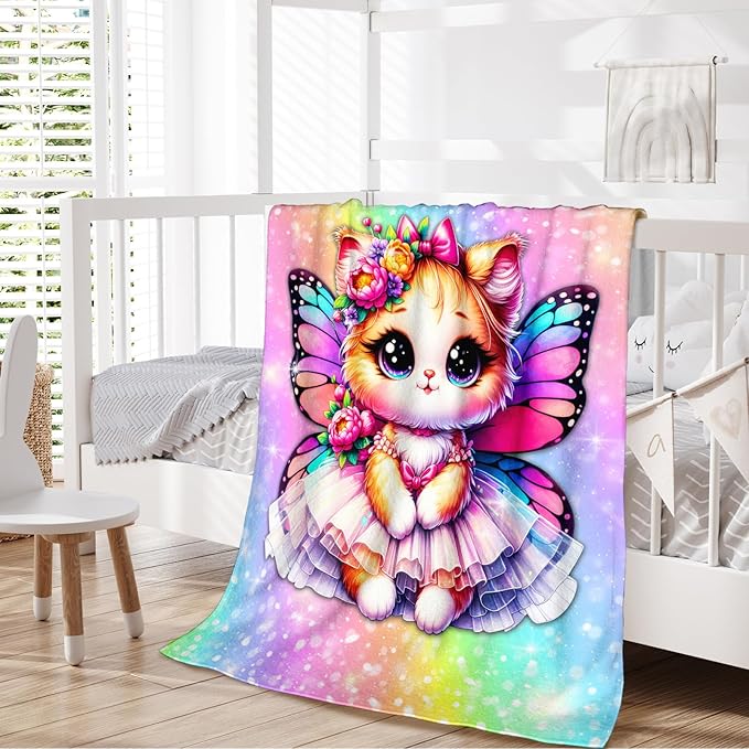 Girls Blanket, Cat Throw Blankets for Kids Teens Cat Lovers 50x60 Inches Lightweight Soft Cute Rainbow Print Throw for Sofa Couch Living Room Bed
