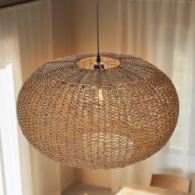 Arturesthome Large Natural Hand Weaved Rattan Pendant Lamp,Coastal Beach Boho Chandelier for Kitchen Hallway Bedroom Dinning Room Living Room Dia 23.6 in