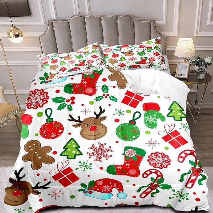 LUVIVIHOME 3PCS Christmas Comforter Set King Size, Boys Girls Kids Bedding, Cute Reindeer Snowflake Gingerbread Candy Cane Snowflake Holiday Christmas Bedding, Green Red White Quilt, 2 Pillow Shams