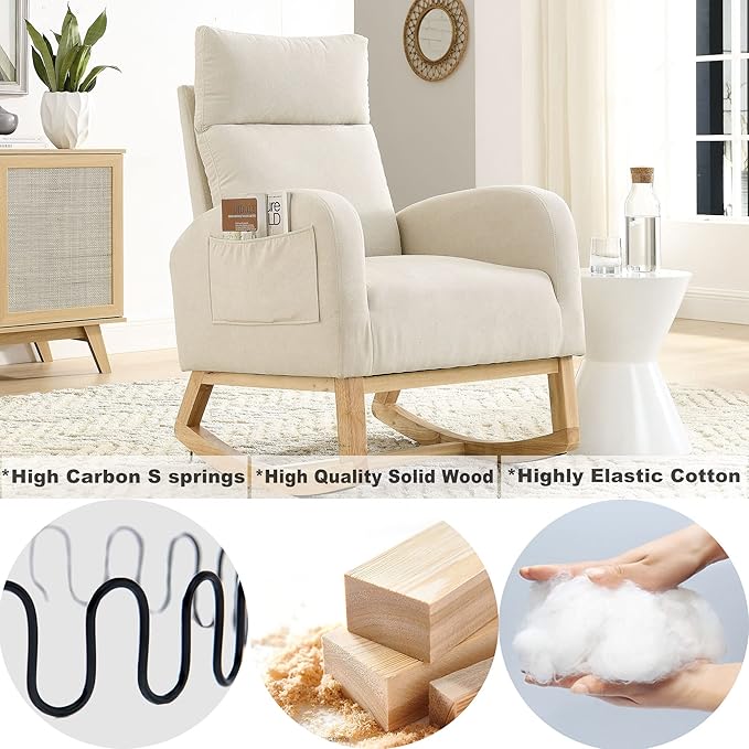 Dolonm Nursery Rocking Chair for Living Room, Upholstered Mid-Century Modern Nursery Rocking Armchair Tall Back Accent Glider Rocker, Beige