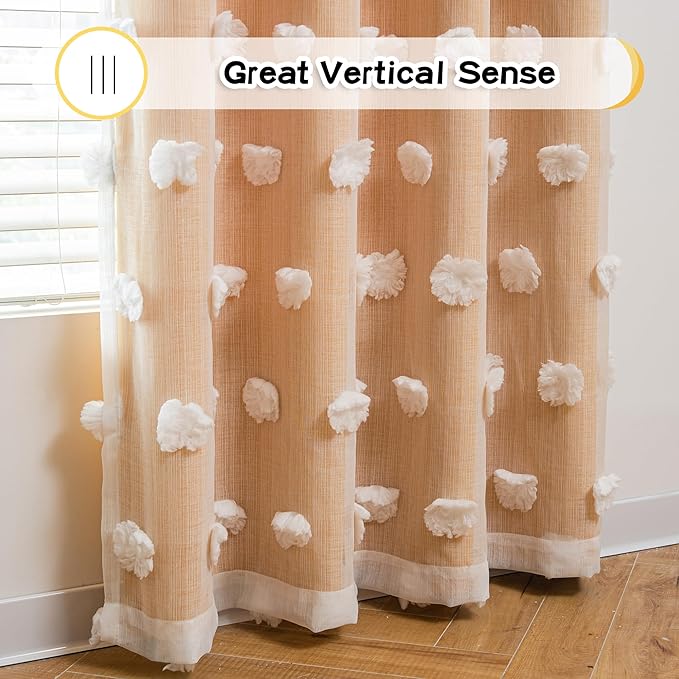 MYSKY HOME Nursery Curtains Yellow Double Layer Curtains for Bedroom 63 Inch Long Curtains for Kids Room Kithen White Pom Pom Sheer Grommet Room Darkening Window Curtains 2 Panels Set, 52 x 63 Inch