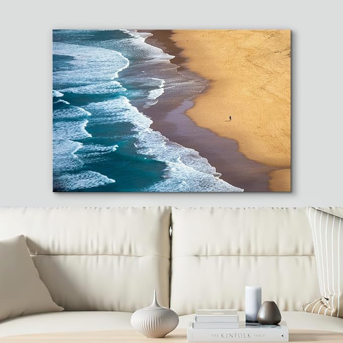 SIGNWIN Canvas Wall Art Serene Ocean Shoreline Aerial Beach View with Rolling Waves and Lone Surfer Photography Modern Art Rustic Landscape Relax/Calm for Living Room, Bedroom - 24"x36"
