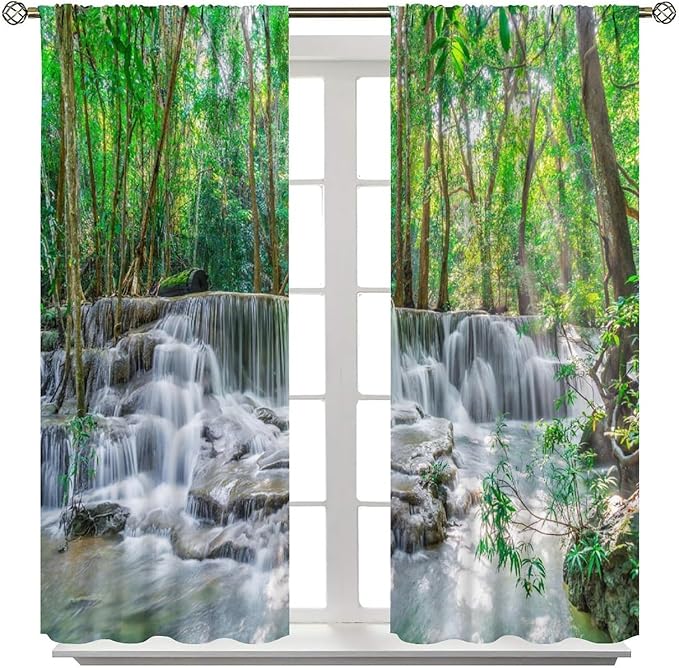 Forest Waterfall Blackout Curtains, Scene Nature Theme Mountain Stream Scenery Print Window Drapes, for Bedroom Living Room 63" W X 72" L