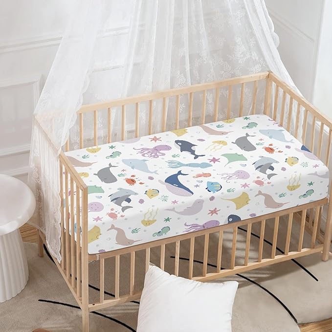 Sea Animals Fitted Crib Sheet for Boys Girls Fish and Octopus Baby Sheet for Standard Crib and Toddler Corals Nautical Aquatic Shells Nursery Bed Mattress Sheets 28"x52"