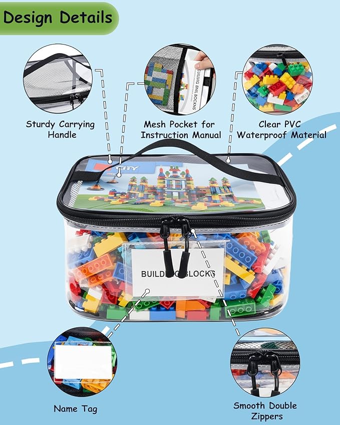 6 Pack Clear Toy Storage Bags with Tag and Manual Pocket – Versatile Waterproof Organizer Bags for Lego Bricks, Board Games, Building Blocks, Puzzles, Dolls, Books (X-Large Size, Black)