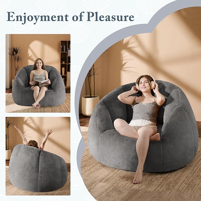 Giant Bean Bag Swivel Chair for Adults with Ottoman - Comfy Plush Round Shell Soft Accent Chaise Lounge Indoor Reading Chair, Oversized Cozy Floor Sofa for Living Room, Bedroom Dorm, Gray
