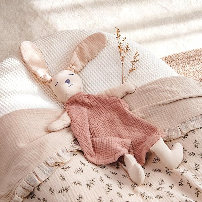 lulumoon Muslin Bunny Lovey for Babies: Skin-Friendly Security Blanket for Self-Soothe - Newborn Gift for Baby Shower