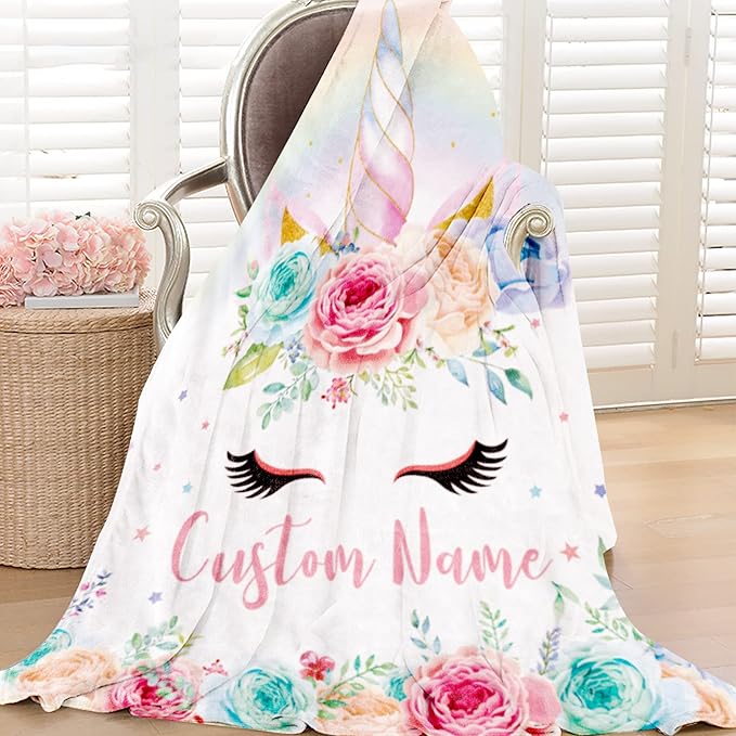 Personalized Horse Blanket with Name for Girl, Custom Name Blanket for Kids, Soft Flannel Pink Horse Toddler Blanket Customized Gift for Birthday Christmas Baby Shower Newborn Gift 60" X 80"