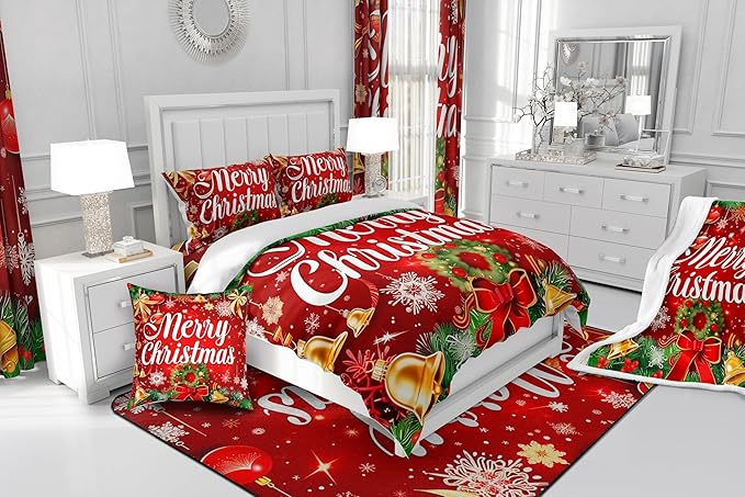 Christmas Wreath Comforter Set Queen Size,Red Bowkont Gold Bell Bedding Set for Kids Boys Girls Room Decor,Snowflake Merry Christmas Duvet Insert 3Pcs,Green Leaves Xmas Theme Quilt Set,2 Pillowcases