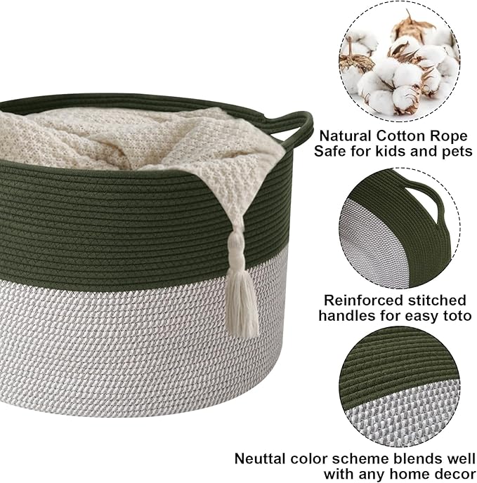 Large Blanket Basket for Organizing,65L Closet Organizers and Storage Bins Box for Shelves Woven Rope Storage Baskets,Living Room,Bedroom,Dorm,Laundry room (Green&White)