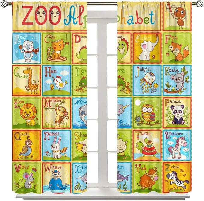Alphabet Curtains Kids Educational Learning Tool Baby Cartoon Animals Colorful Curtain with Rod Pocket for Bedroom Living Room Decor Drapes Window Treatments 2 Panels Set 42" W X 63" L