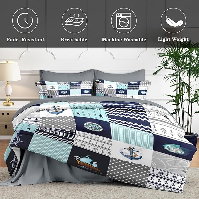7 Pcs Queen Size Comforter Set with 2 Pillowcases & 2 Shams, Nautical Blue Marine Summer Bedding for Kids and Adults, Sea Ocean Boat Plaid Bed in a Bag with Flat Fitted Sheet