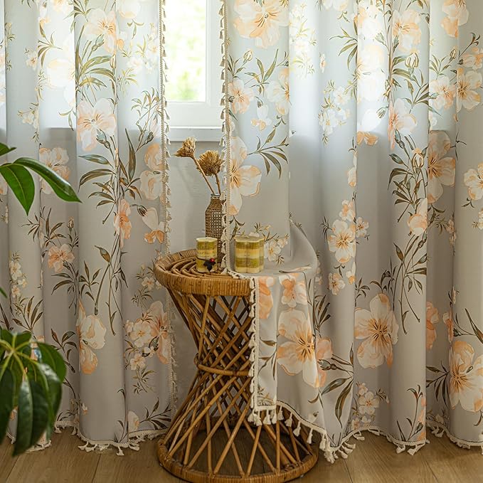 ENJOYBRIDAL Floral Curtains 84 Inch Length Living Room Bedroom Drapes Boho Dining Room Semi Sheer Farmhouse Window Curtains 2 Panels Floor Length Cottage Core Cute Rod Pocket Window Treatments