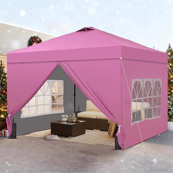 GDY 12x12 Pop Up Canopy Tent with 4 Sidewalls, Easy Set up with One Push Lift Outdoor Silver Coated Beach Gazebos, Carpas for Pool, Events, Parties, and Camping, Pink.