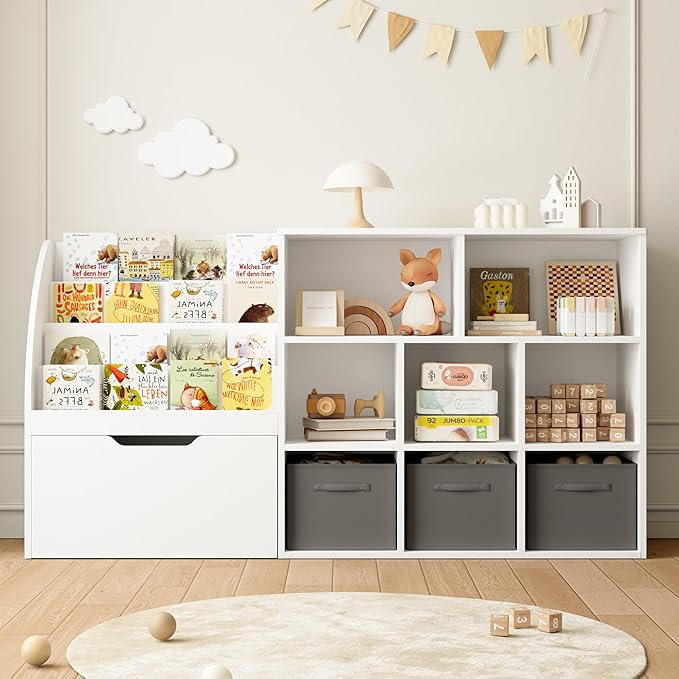 Kids Bookshelf and Toy Storage, 58.5’’ Toy Storage Organizer with Movable Chests & 3 Storage Bins, Large Kids Reading Nook Toy Organizers and Storage with 5 Cubbies for Playroom, Bedroom, White
