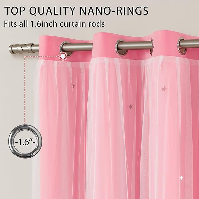 XiDi Pink Curtains for Girls Nursery Room 90 Inches Long Blackout Double Layer Curtains with Sheer Overlay for Kids Toddler Princess Bedroom Living Room Darkening Grommet Window Drapes W34 X L90