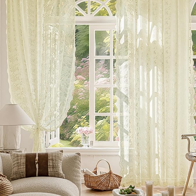Anmao Vintage Lace Curtains 54 Inches Long 2 Panels Set, Romantic Elegant Light Filtering Semi Sheer Floral Thick Lacy Curtain Drapes for Living Room and Bedroom, Each Panel 55W x 54L, Cream Yellow