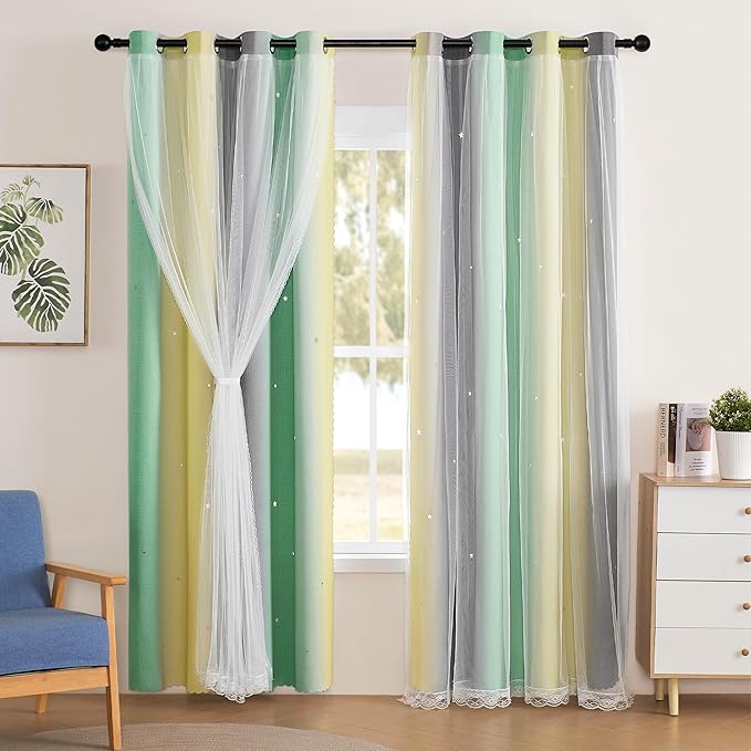 XiDi Grey Green Yellow Curtains for Girls Bedroom Decor Kids Blackout Curtains for Nursery Room Darkening Rainbow Princess Unicorn Wall Decals Little Girl 52x45 Inches Long 2 Panels Set