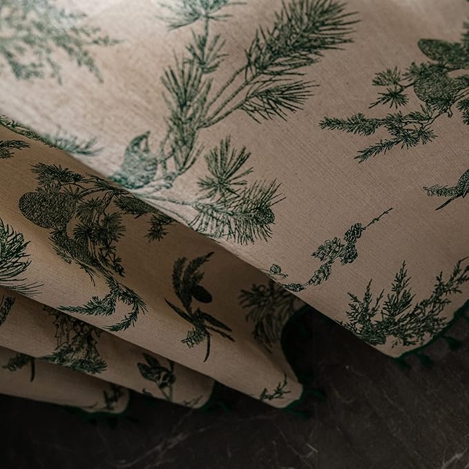 Bohemian Curtains Floral Semi Sheer Drapes 96 Inch Length Cotton Linen Farmhouse Curtain Panels with Tassel Green Botanical Print Rod Pocket Room Darkening Curtain for Living Room Bedroom, 2 Panel