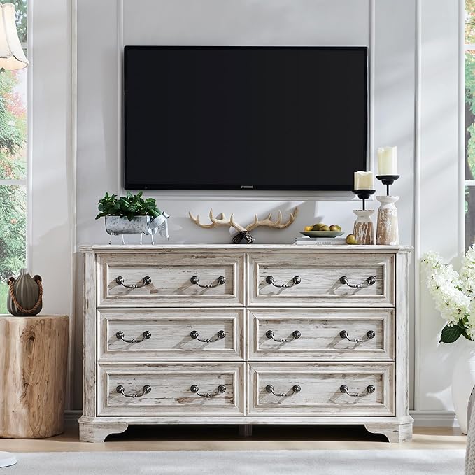 T4TREAM Farmhouse 6 Drawers Dresser for Bedroom, 54" Wide Wood Rustic Chest of Drawers with Natural Texture, Vintage Design, Storage Dressers Organizer for Bedroom, Living Room, Distressed White
