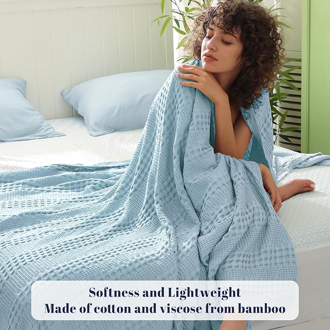 PHF Cooling Waffle Blanket Queen Size,Lightweight 60% Rayon Derived from Bamboo & 40% Cotton Breathable Blanket for Hot Sleepers, Soft and Luxury for Bed Couch and Sofa, 90"x90",Sky Blue