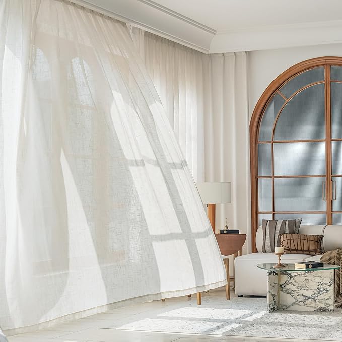 FMFUNCTEX Linen Semi Sheer Curtains for Bedroom, Natural Curtains 63 Inch Length for Living Room, Country Farmhouse Sheer Drapes, Light Filtering Window Curtain, Grommet Top 2 Panels