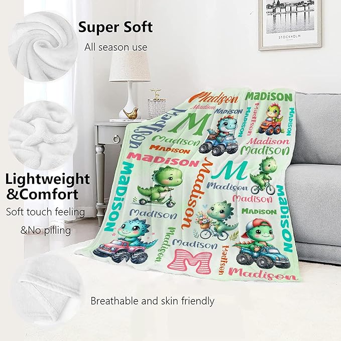 Personalized Dinosaur Truck Blanket Gifts for Girls Boys Women - Super Soft Cozy Warm Throw Sheet for Couch Bed Sofa Office Decor All Season 40"x50" for Kids/Children
